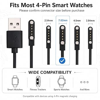 Black Magnetic USB Charging Cable, 4 Pin Smart Watch Charger for Most Watches