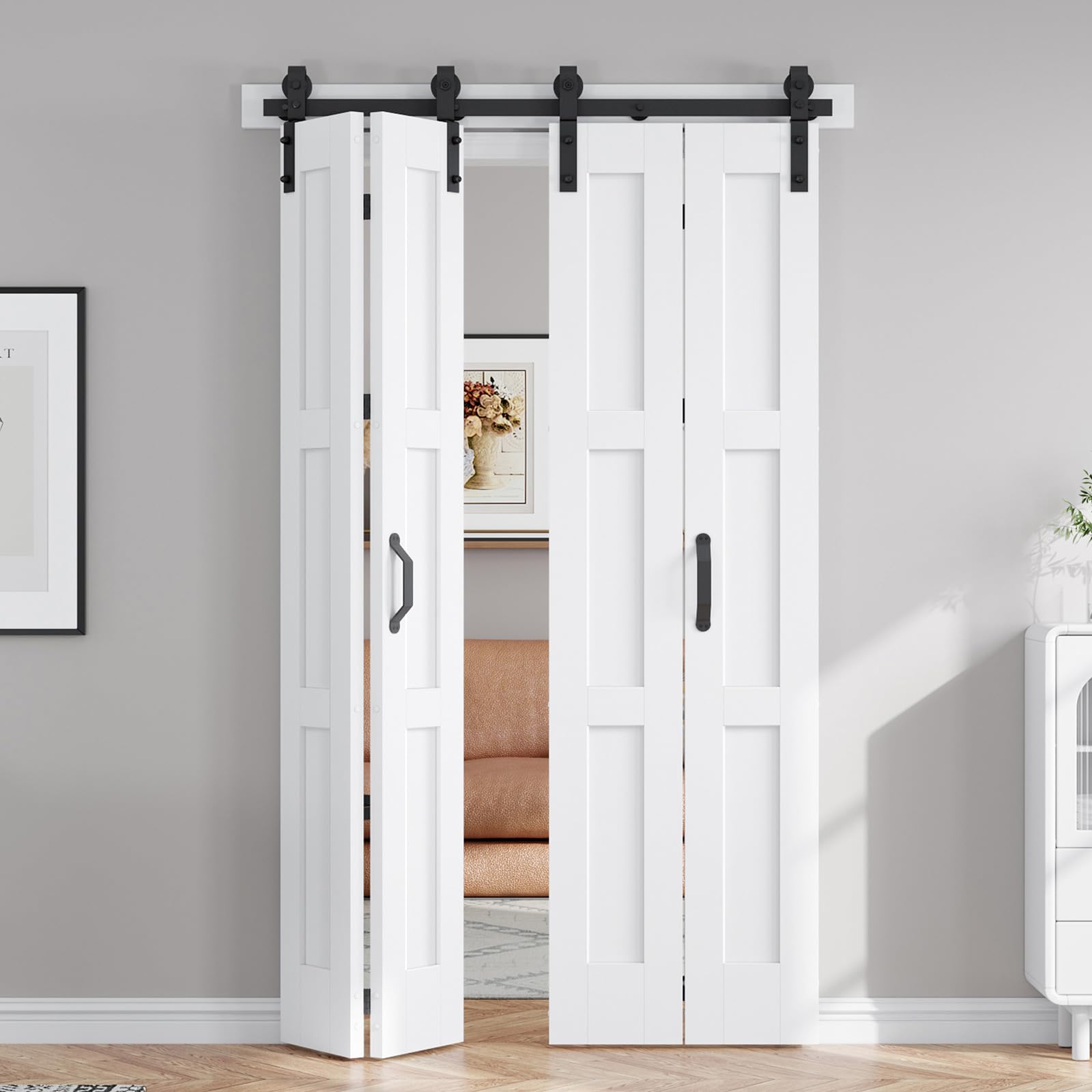 FREDBECK 48in X 84in (for 4 Doors 12x84) White Bi fold Barn Door Bifold Doors with 52" Hardware Track Kit Included,Solid MDF with Water-Proof PVC