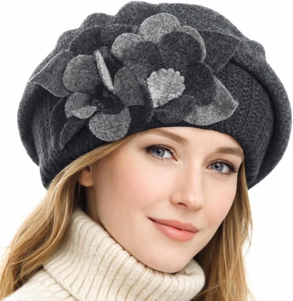 Lady French Beret 100% Wool Beret Floral Dress Beanie Winter Hat