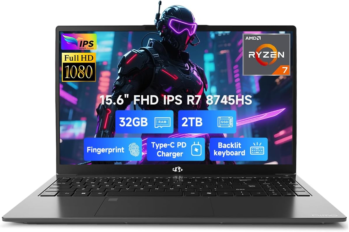 NIMO 15.6" IPS FHD-Gaming-Laptop, AMD Ryzen 7 8745HS 32GB DDR5 RAM 2TB SSD (8C/16T, up to 4.9GHz) Radeon 780M Graphics Business Computer with 100W Type-C Backlit Keyboard, Fingerprint USB-C 4.0