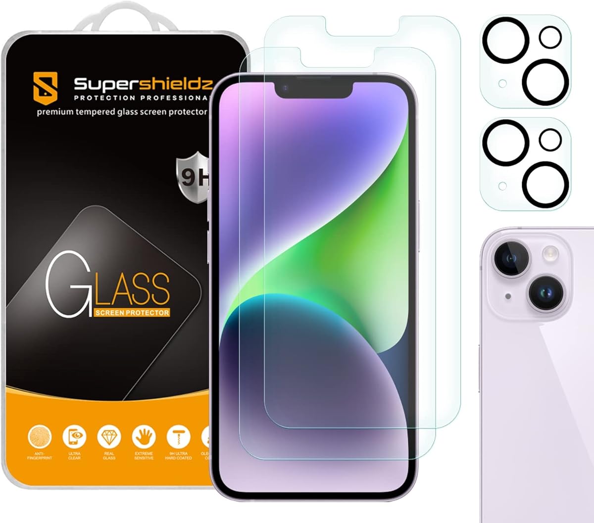 Supershieldz (2 Pack) Designed for iPhone 14 (6.1 inch) + Camera Lens Tempered Glass Screen Protector, Anti Scratch, Bubble Free