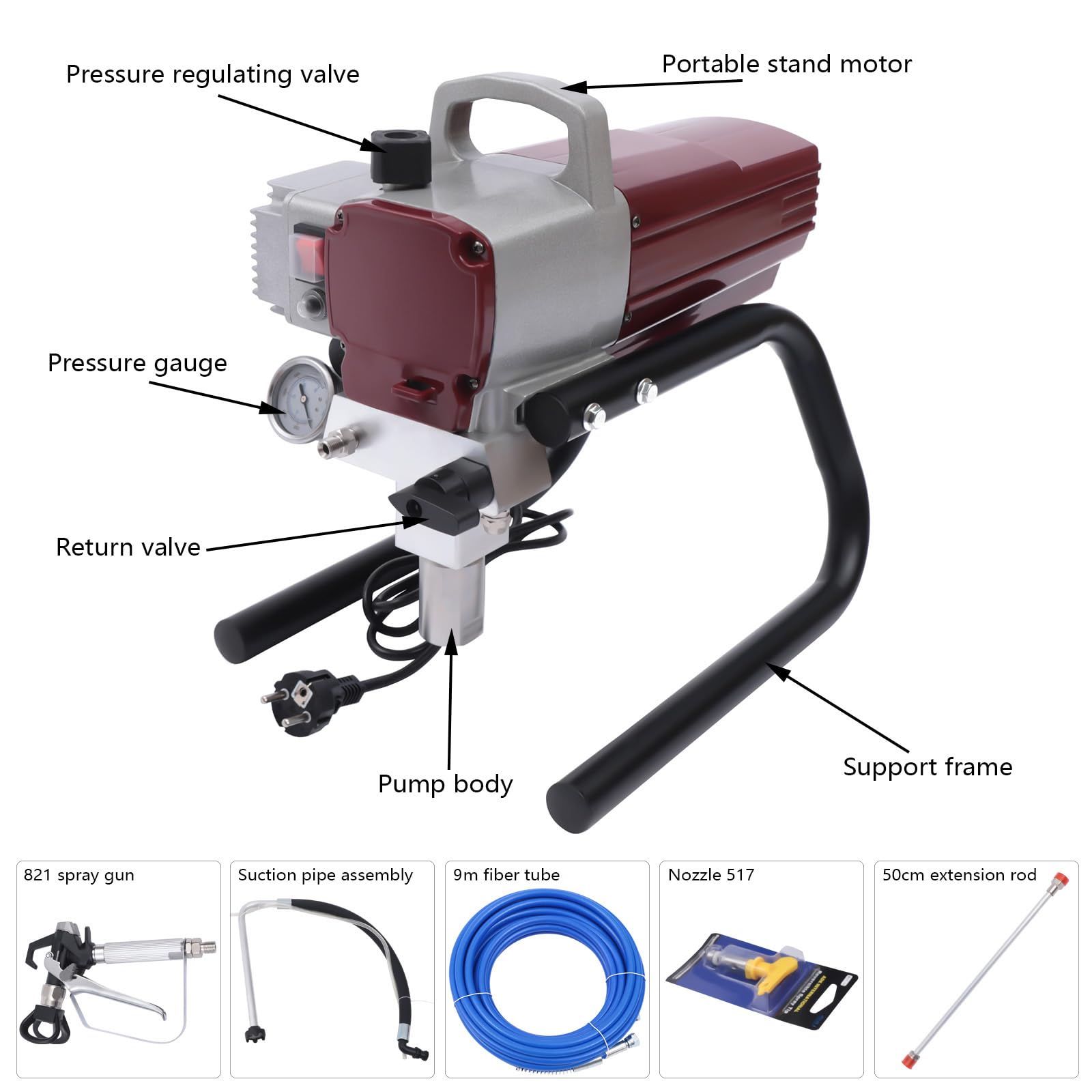 Airless - Pulverizador de pintura para fachadas (1800 W, acero inoxidable, 1,8 L/min, con tubo de salida de 50 m, para edificios industriales, paredes exteriores