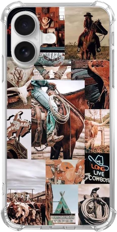 Cowboy Cowgirl Riding Horse Case Compatible with iPhone 16, Hippie Aesthetic Wild West Scenery Case for iPhone 16, Trendy Cool TPU Bumper Phone Case Cover