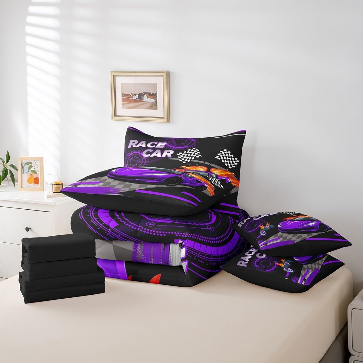 Feelyou Purple Race car Comforter Set Twin 7 Pcs Speed Sports Car Boys Girls Automobile Racing Car Bedding Set Extreme Sports Theme Bed in a Bag with Comforter, Sheets, Pillowcases & Cushion Cover