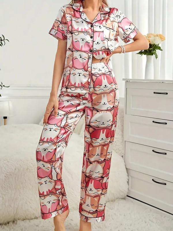 Image of Night Suit for Women with Full Sleeve Button-Down Top with Pant Dress for Woman, Night Dress for Woman, Cotton Two-Piece Loungewear Set