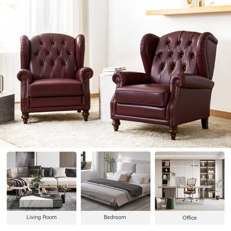 Image of Amyri 33 inch Wide Faux Leather Wingback Armchair with Button-Tufted Backrest (Burgundy)