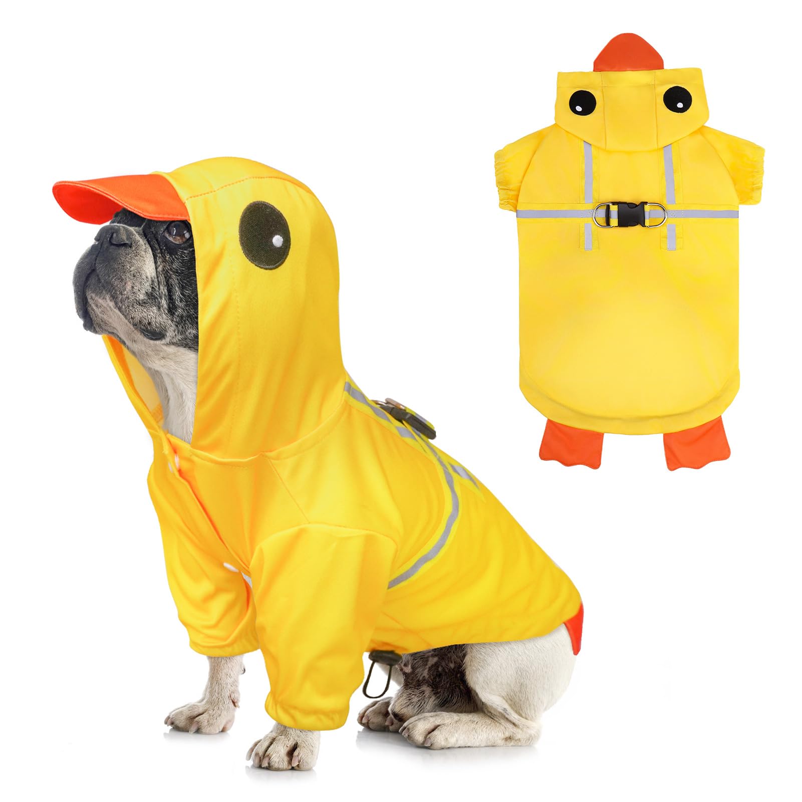 BEAUTYZOO Dog Raincoat Hooded Slicker Poncho, Waterproof Windproof Rain Jacket Hood with Harness Built in, Adjustable Reflective Duck Design Rain