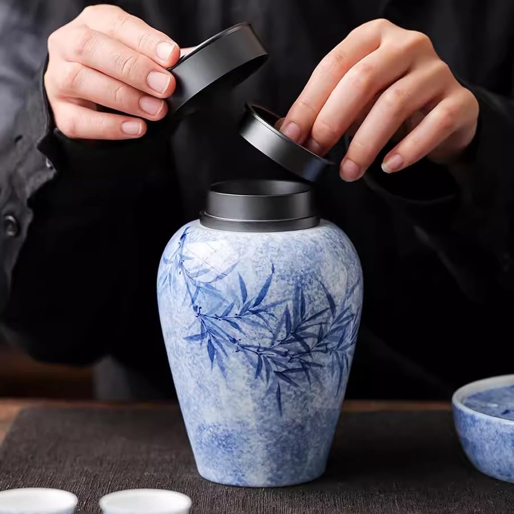 Organizador de bolsas de té Contenedor de almacenamiento de té Tarro de té grande de porcelana azul y blanca Tarro sellado de cerámica para el hogar Pu'er Envases de té sueltos Almacenamiento Tarro d