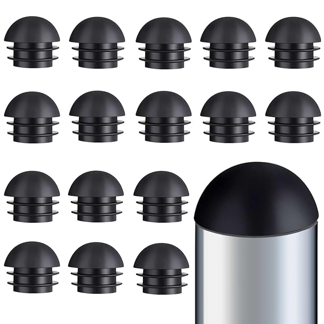 WKRTDY Tapas de plástico Redondas, Tapones Redondos para Patas de Muebles: 16 Piezas de Tapas de Tubo Negro Acanaladas de Plástico para Sillas y Mesas con Patas de 16mm, para una fácil instalación