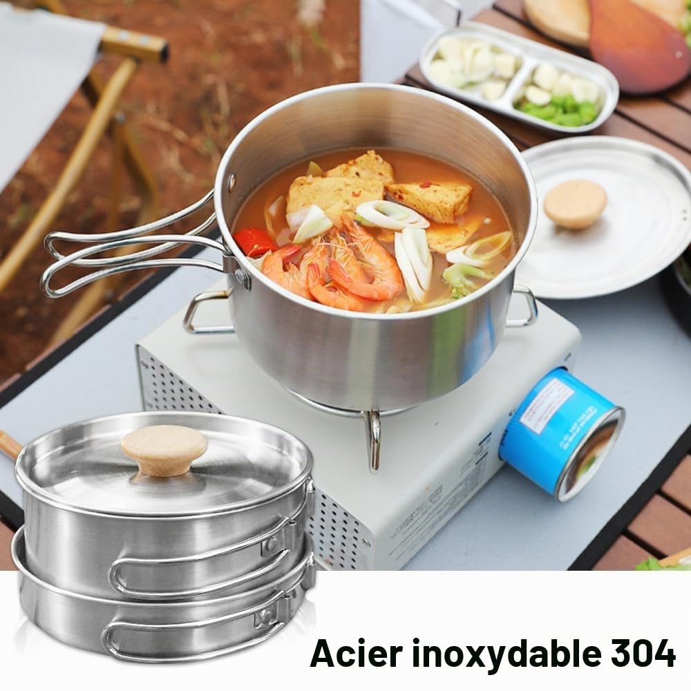 Kit de Casseroles Camping, Portable Camping avec Poignée Pliable Batterie Cuisine de Camping en Acier Inoxydable Set Casserole Camping Plein Air pour Randonnée