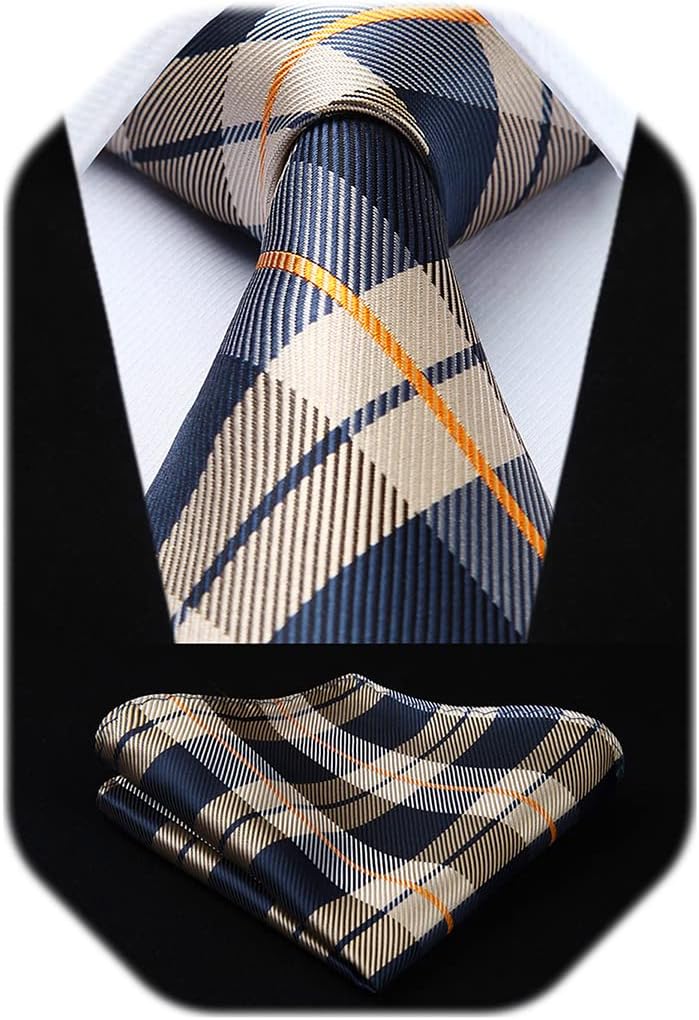 HISDERN Plaid Checkered Tie Handkerchief Woven Classic Formal Men's Necktie & Pocket Square Set
