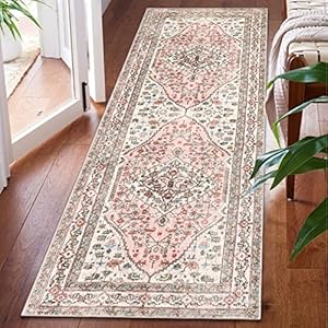 Beeiva Oriental Washable Hallway Runner Rug, 2×6 Vintage Floral Bathroom Kitchen Runner Rugs with Rubber Backing, Boho Pink Runner Rug for Hallways Bedroom Entryway Laundry Room