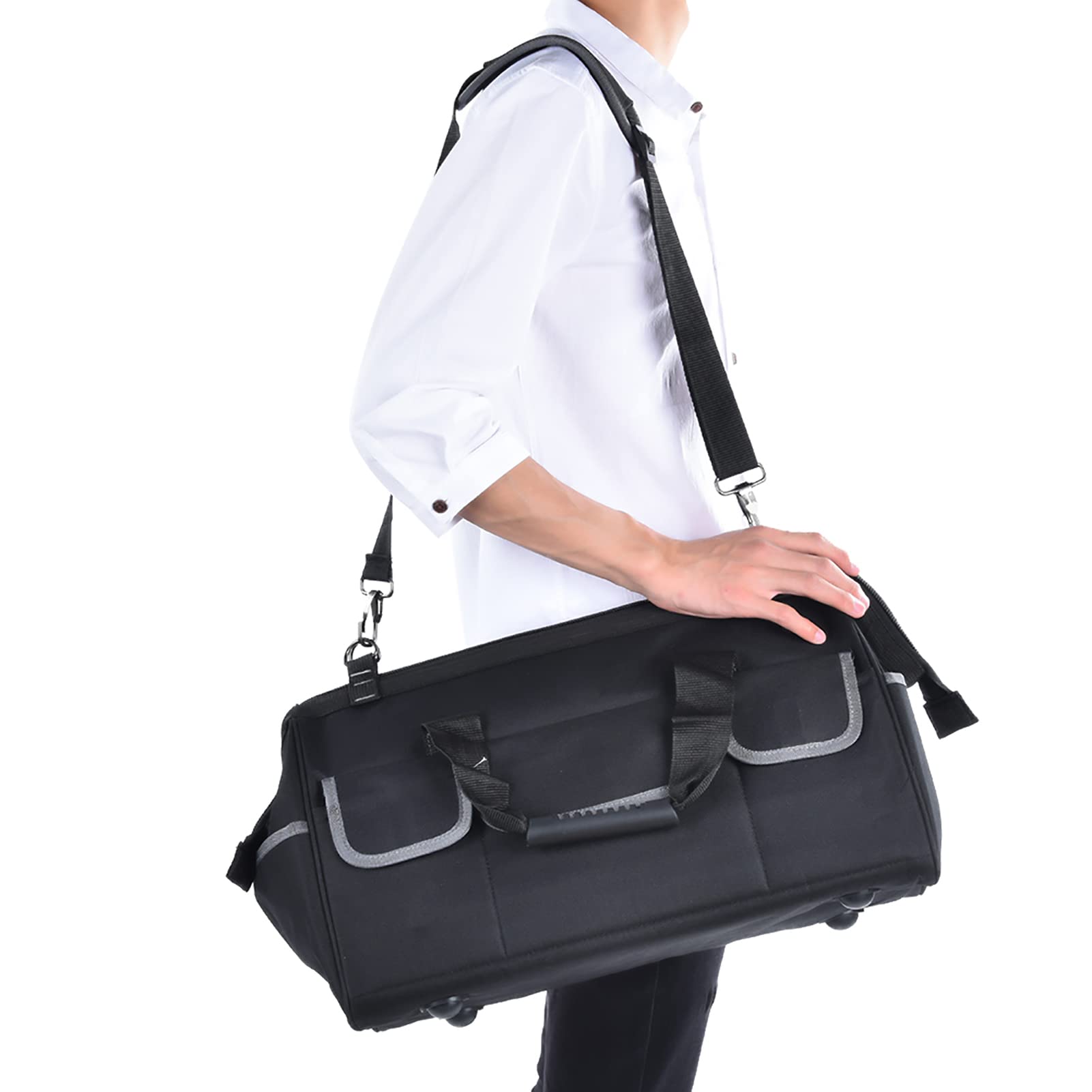 Bolsa de herramientas de tela Oxford de 19 pulgadas Estuche de almacenamiento de hardware resistente al desgaste gris con correa de hombro ajustable y asa de almohadilla de