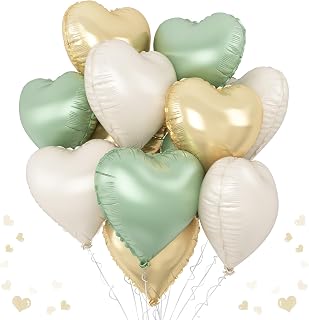 Sage Green Gold Heart Balloons, 12PCS Green Gold Heart Shaped Foil Balloons, 18Inch Green Cream White Heart Helium Foil Balloon for Jungle Woodland Birthday Wedding Baby Shower Party Decoraion