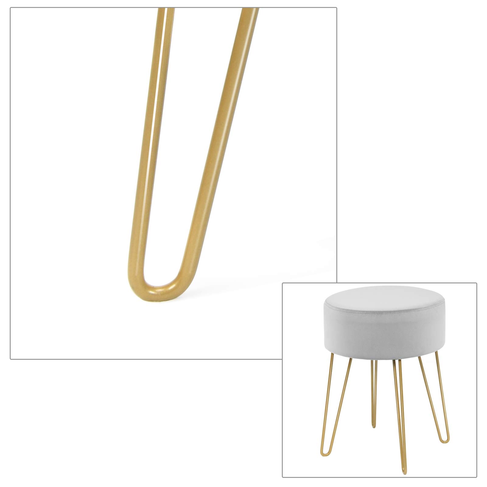 DREAMADE Samthocker Sitzhocker rund, Schminkhocker mit stabilen goldenen Metallfüßen, Fußhocker Samtstuhl Gepolsterter Hocker für Wohnzimmer & Schlafzimmer (Hellgrau)