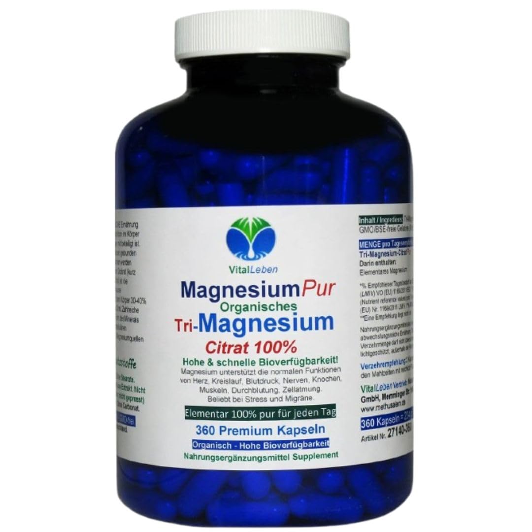 Magnesium Citrat 1080 (3x360) Pulver Kapseln organisches PREMIUM TRI-MAGNESIUMCITRAT. Elementar. OHNE ZUSATZSTOFFE. Schnelle Aufnahme. HOHE BIOVERFÜGBARKEIT. Nie mehr Magnesiummangel 27140-7