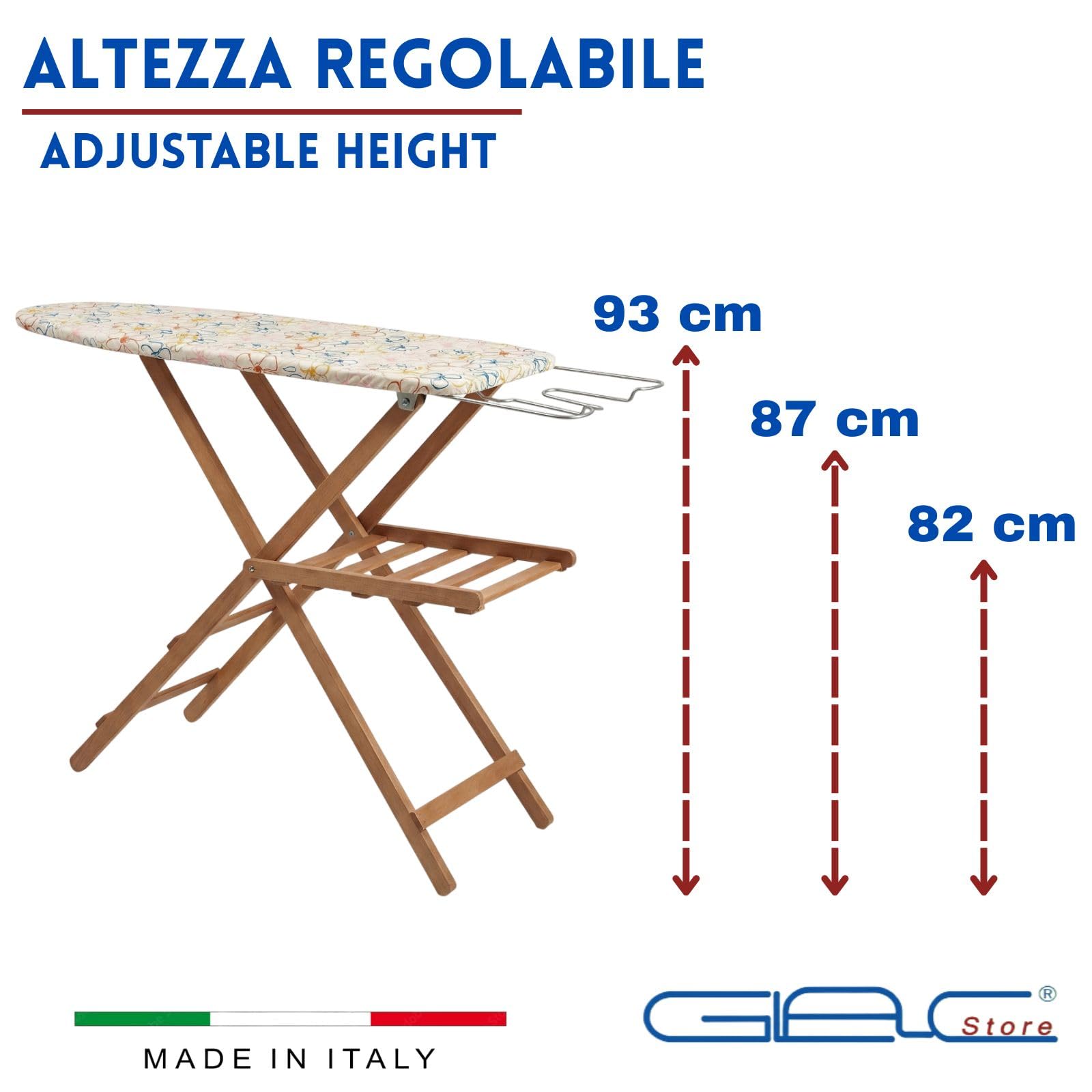 Glac Store Asse da Stiro Made in Italy 118x35 cm – Altezza Regolabile 82/87/93 cm – Piano in Legno – Porta Biancheria 47 cm – Pieghevole con Piedini Antiscivolo – Fantasia Casuale