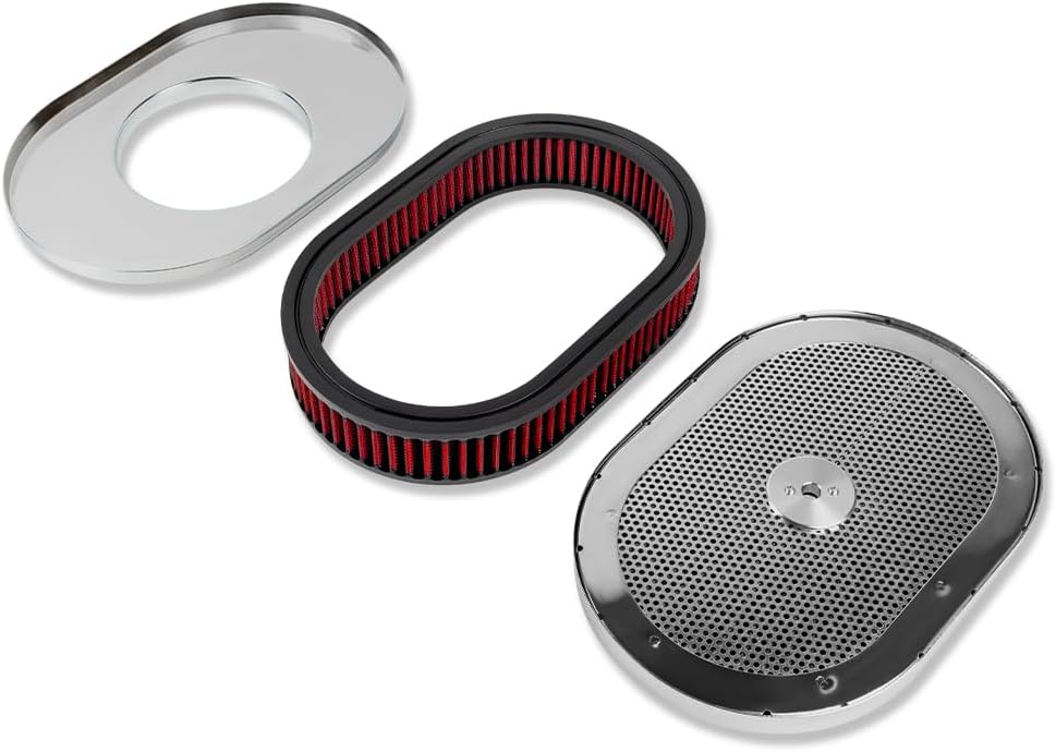 12" x 2" Oval Air Cleaner with Red Washable Element & Chrome Trim For Chevy Ford Mopar