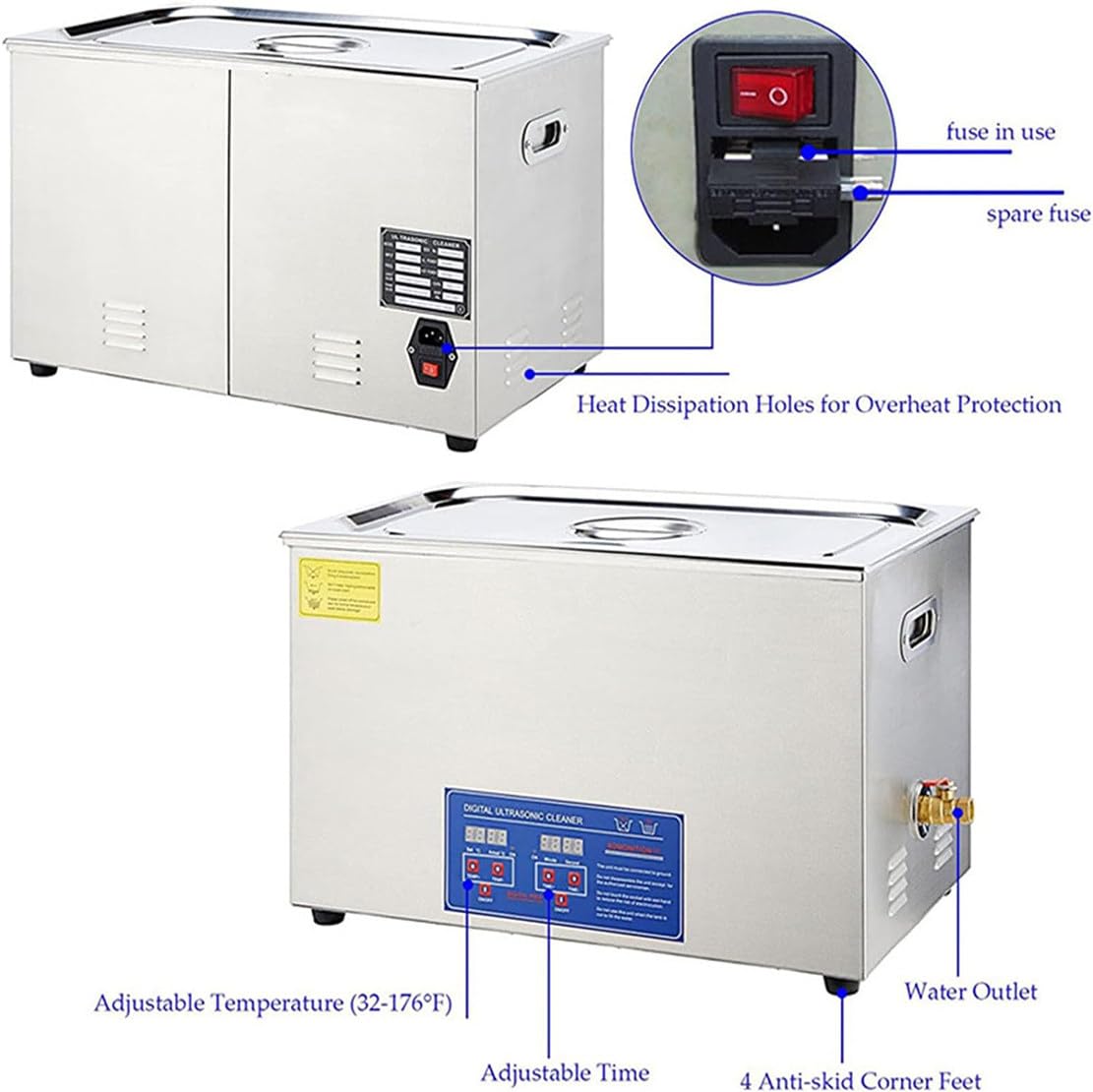 Pulitore a ultrasuoni, professionale in acciaio inox, per la pulizia di dischi in vinile con display digitale, timer e controllo del calore, per laboratorio e pulizia su entrambi i lati