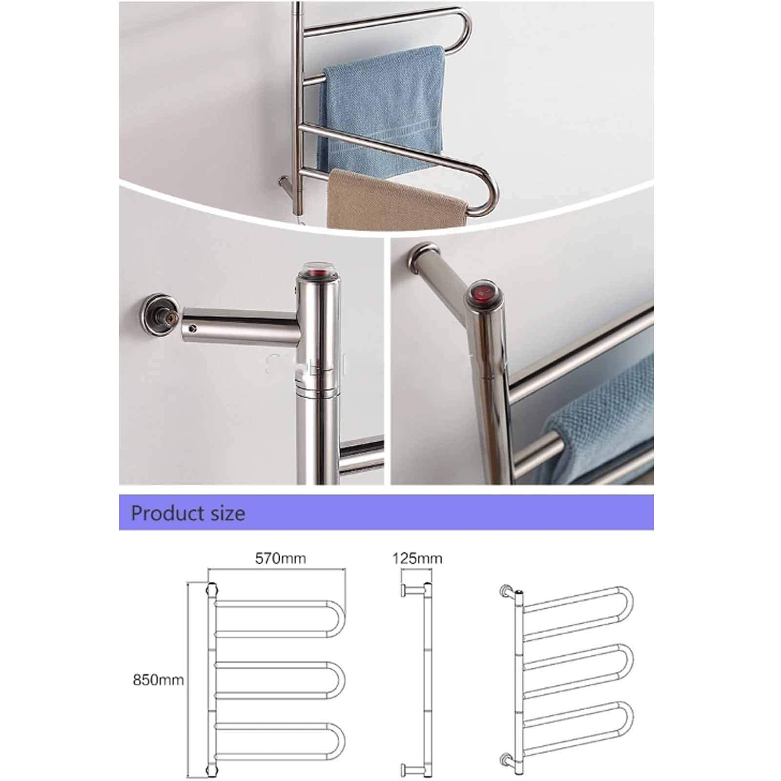 Toallero eléctrico de Pared de 6 Barras, con rotación de 180°, radiador calefactable, de bajo Consumo, con cableado.(Hardwired)