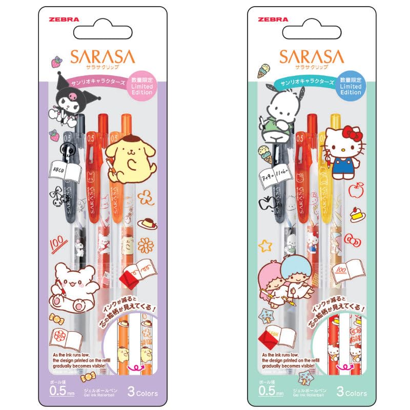 Zebra Sarasa Clip Limited Sanrio Characters 3 Color Set A B 6 Piece 0.02 inch (0.5 mm) Gel Ballpoint Pen Sanrio Ballpoint Pen : Office Products