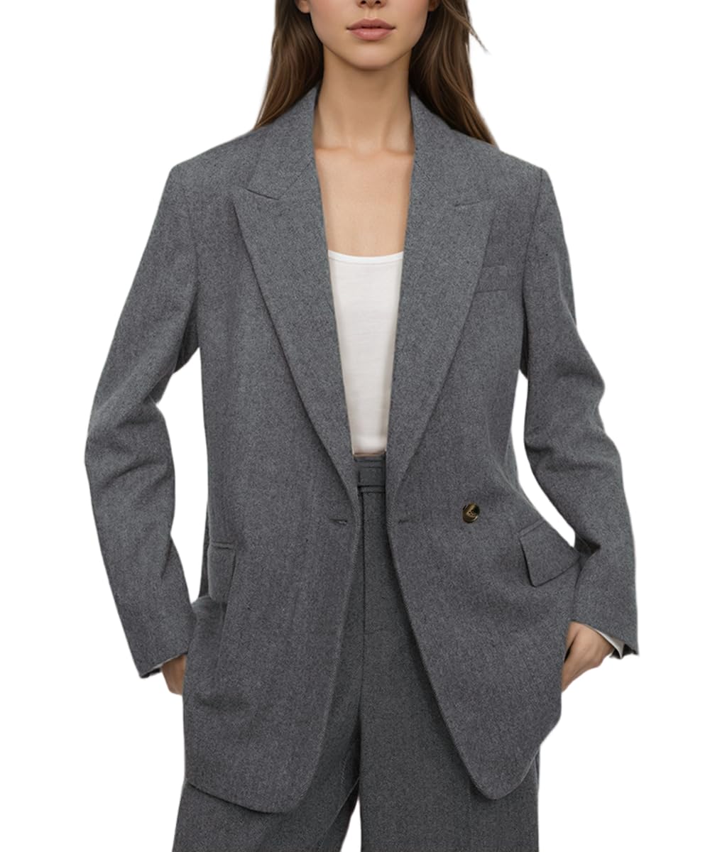 Vintage Herringbone Suit for Women Retro Womens Double Breasted Casual Pant Suit Winter Tweed Business Coat