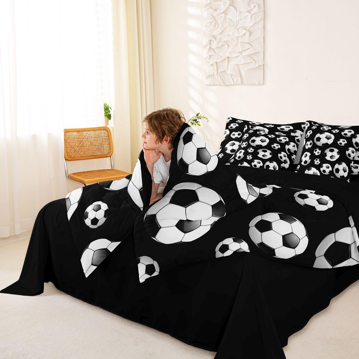 Feelyou Football Soccer 7 Piece Bedding Set Soccer Ball Game Comforter Set with Sheets for Kids Boys Girls Black White Bed in a Bag Gift for Football Lover Bed Set Soft Lightweight