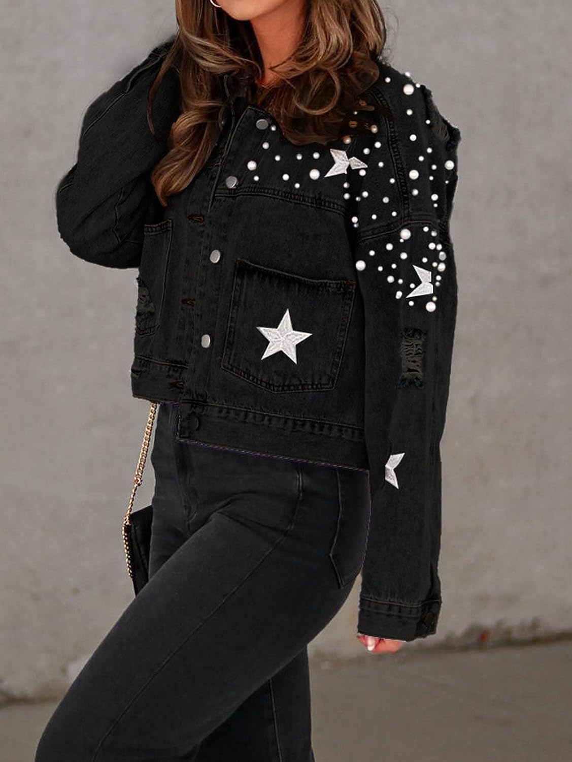 Chaqueta Vaquera Oversize con Abalorios para Mujer Chaqueta Vaquera de Manga Larga con Estrellas Bordadas Chaqueta Vaquera de Abalorios con Estrellas Bordadas