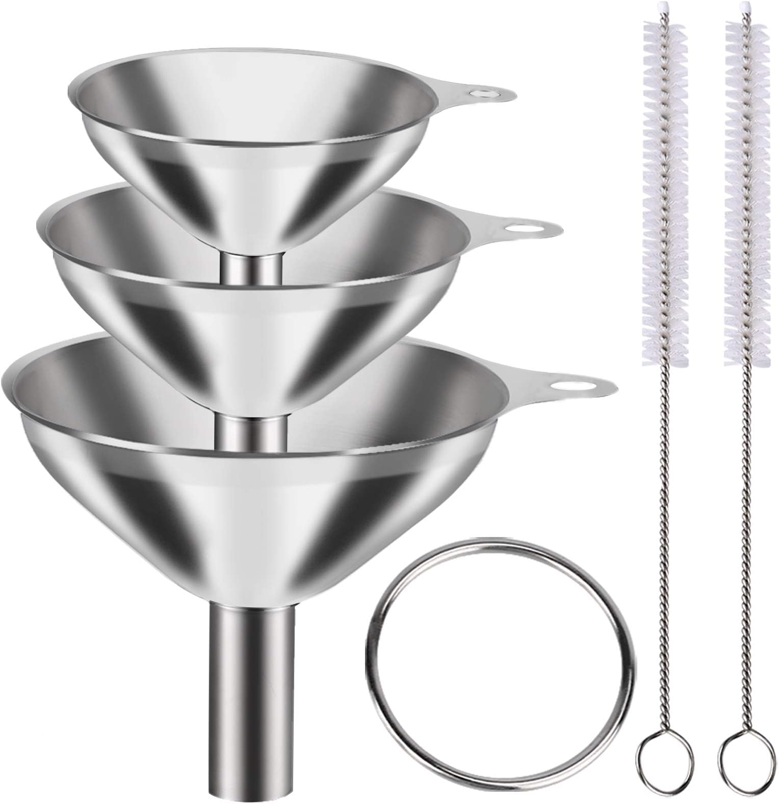 Metal Stainless Steel Funnel, Large Medium Small Funnel Set of 3, Food Grade Mini Funnels for Kitchen Use Filling Bottles Flask Cooking, 2 Brushes YLYL