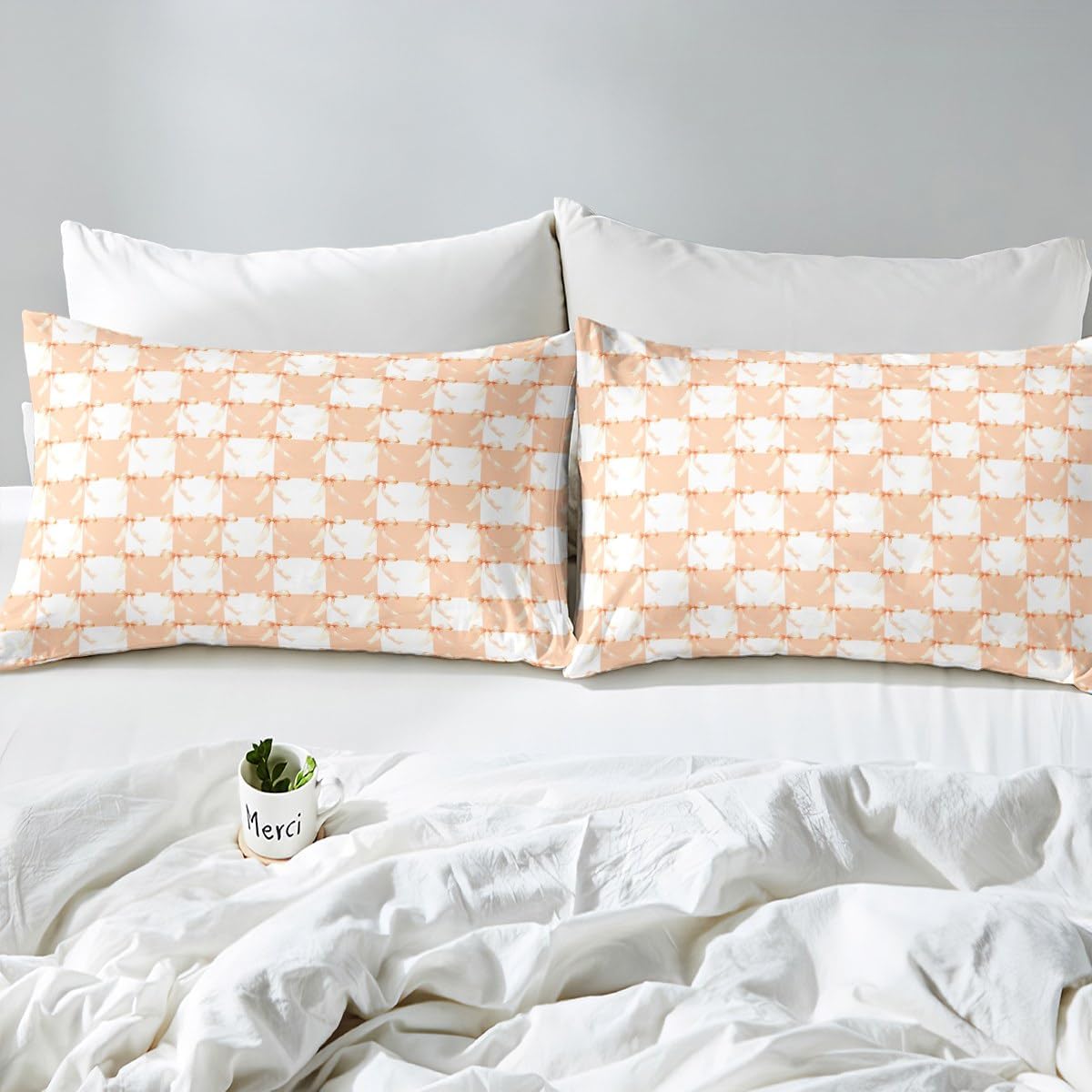 Bowknot Girly Bedding Set Toddler Size 2 Pcs,Princess Style Dreamy Bow Minimalist Duvet Cover for Kids Teens Bed Comforter Cover(No Filler),Geometric Checker Plaids Orange White Bedding Quilt Cover