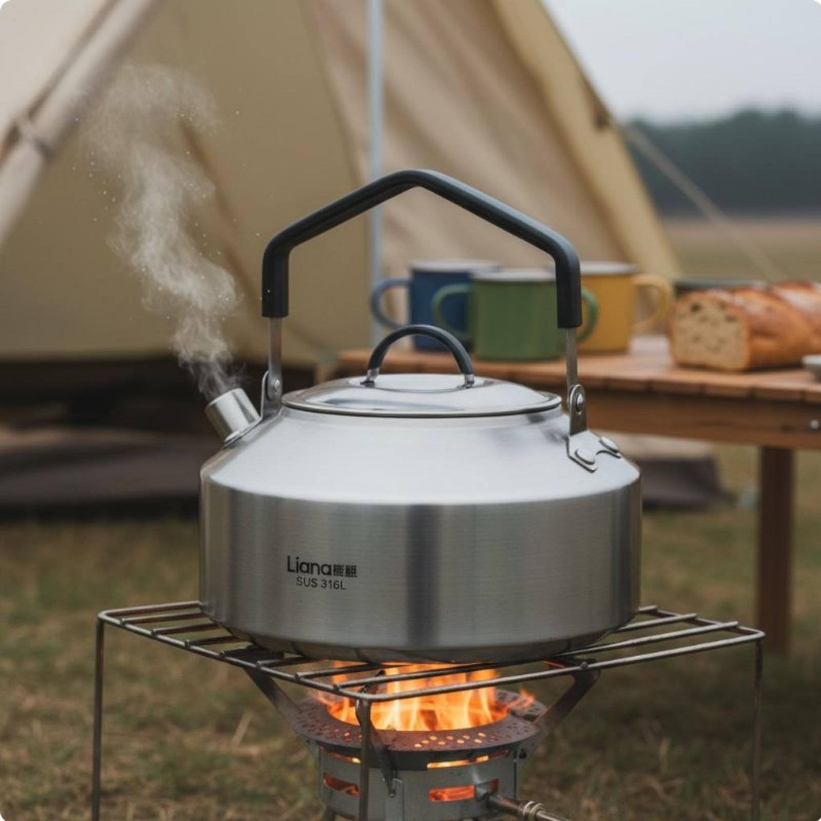 Picknickkanne Edelstahl Wasserkocher Teekessel Camping Kochtopf aus Rostfreiem 316L Stahl mit Komfortablem Griff für Wandern Picknick Outdoor Haushalt, 1500ML, Mit Tasche