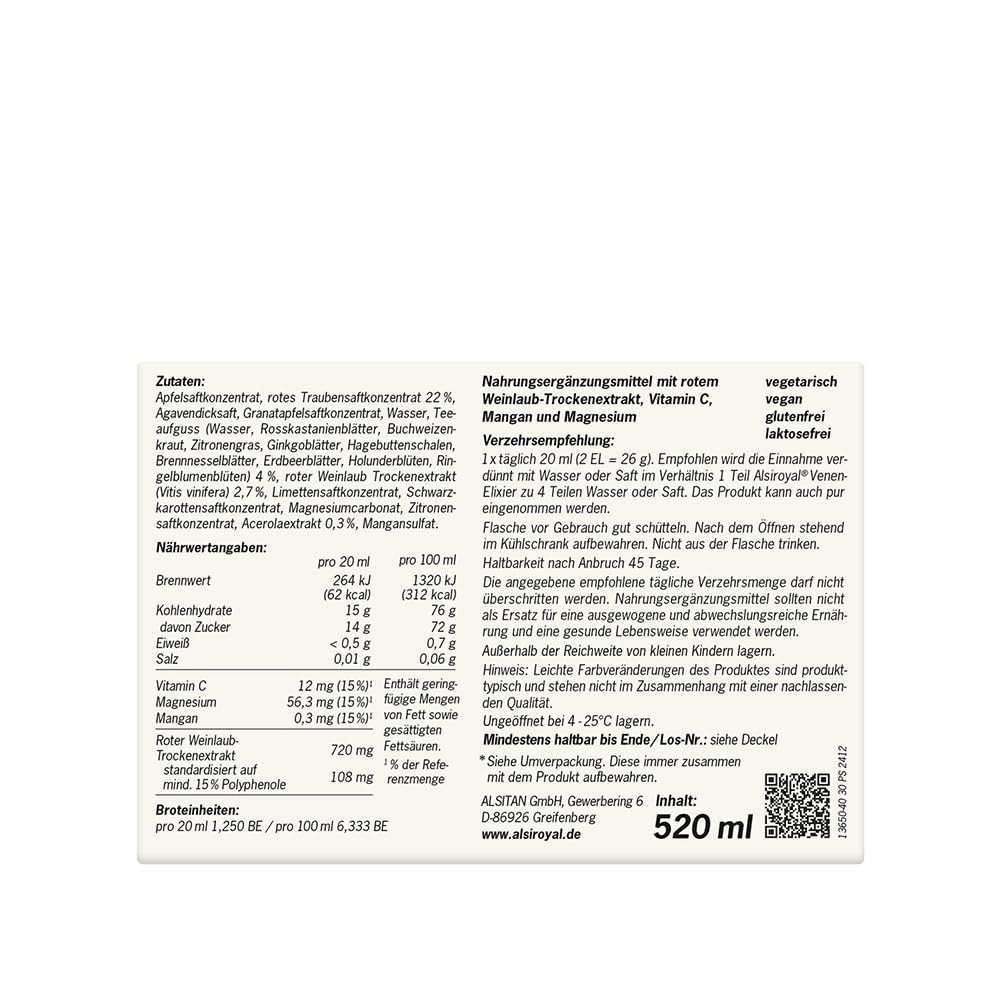 Alsiroyal Venen-Elixier – 22% Agavendicksaft - Rotes Weinlaub‐Extrakt, Vitamin C, Mangan & Magnesium – Unterstützt gesunde Venen, Bindegewebe & Durchblutung – Nahrungsergänzung