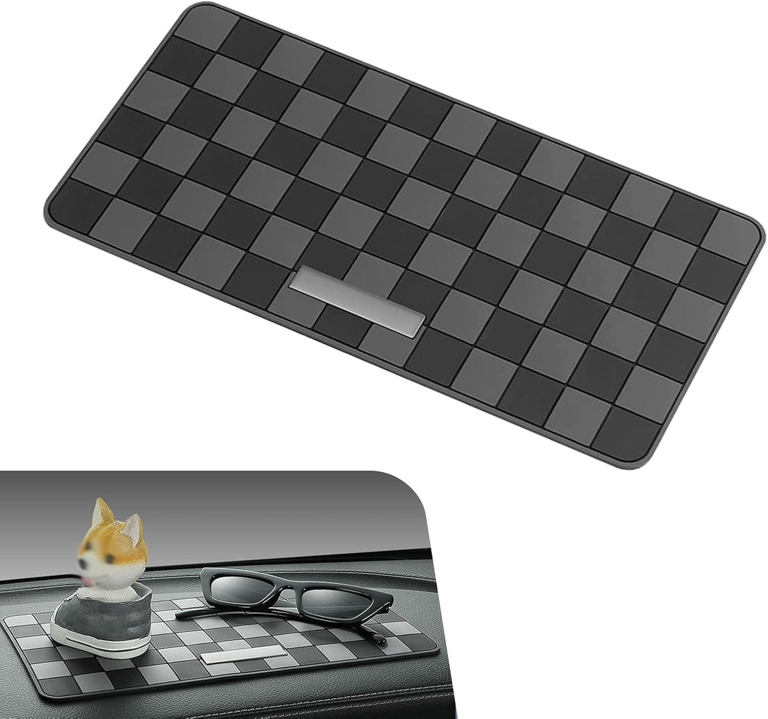 Car Dashboard Non Slip Mat, Multifunctional PVC Center Console Organizer Pad for Smartphone, GPS, Keys, Sunglasses, Checkered Surface Dashboard Decor, Universal for Most Vehicles (Gray)