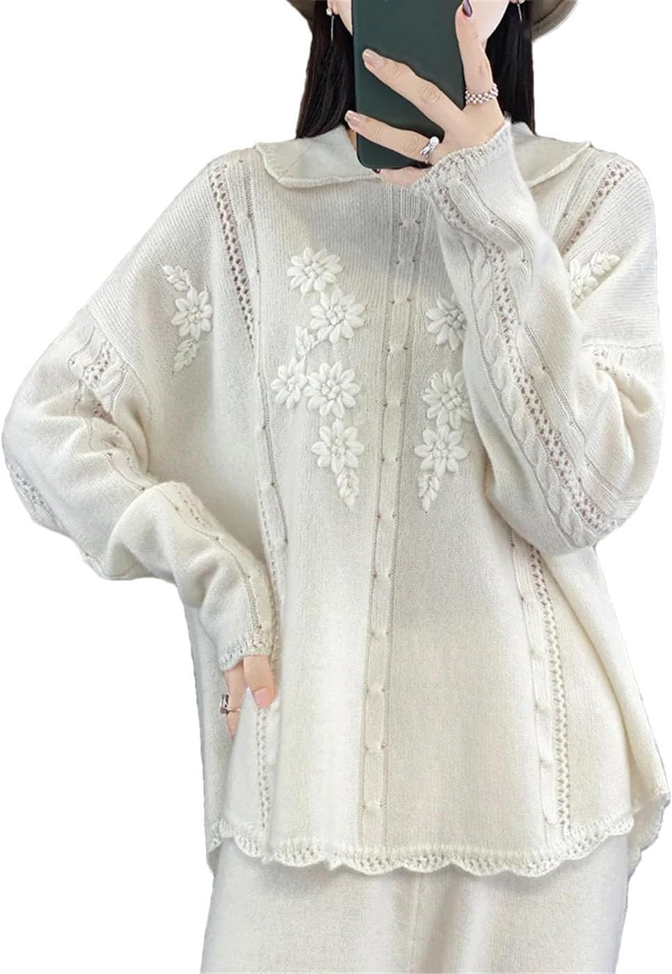Women's Sweet Cute Sweaters 100% Wool Soft Knit Pullovers Lapel Long Sleeve Flowers Loose Preppy Style Tops