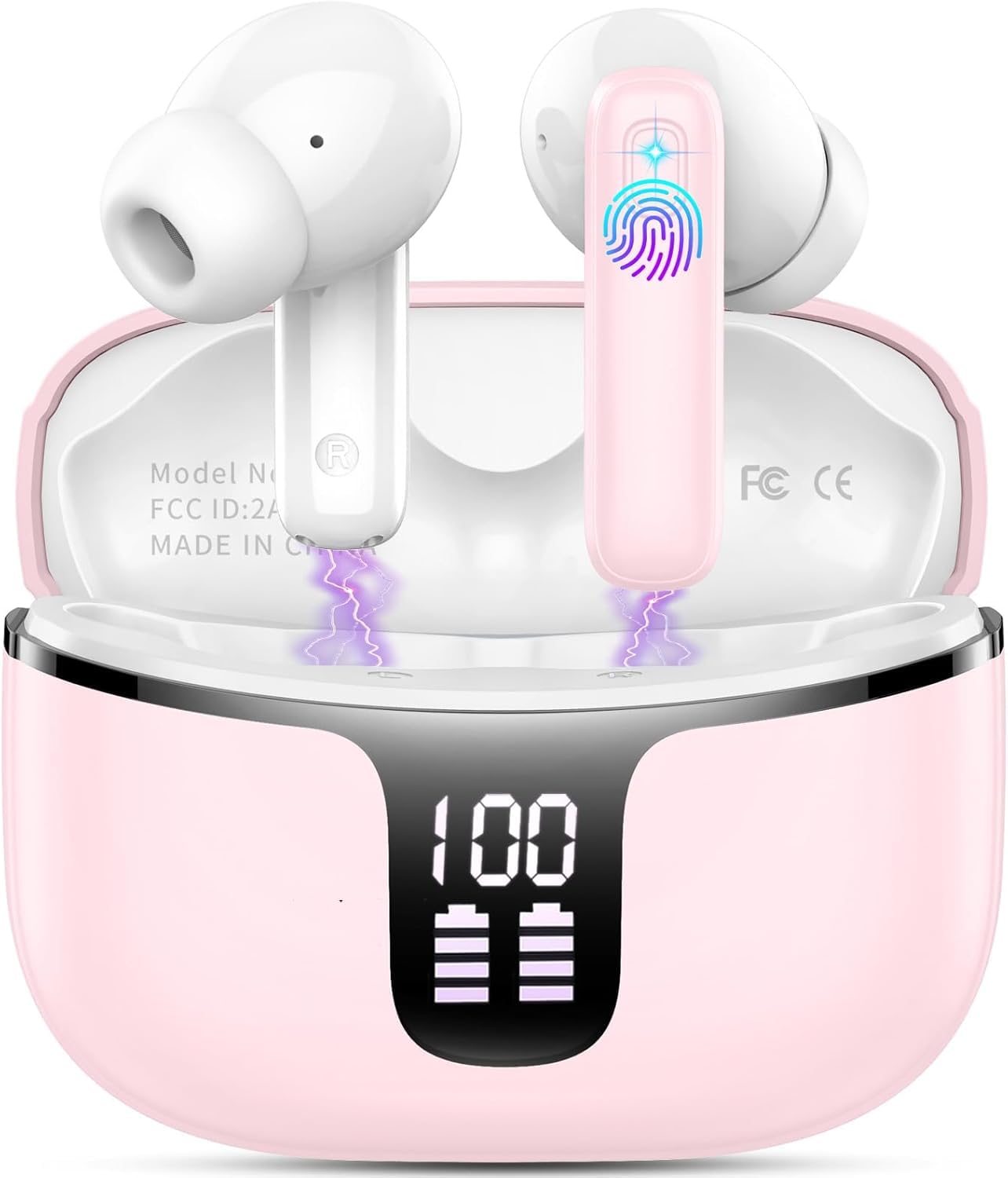 Cuffie Bluetooth, 2025 Auricolari Bluetooth 5.3 con HD Mic Stereo HiFi, Cuffie Wireless In Ear 40H LED Display Cuffiette Sport IP7 Impermeabili Touch Control Auricolari Senza Fili per Android/iOS Pink