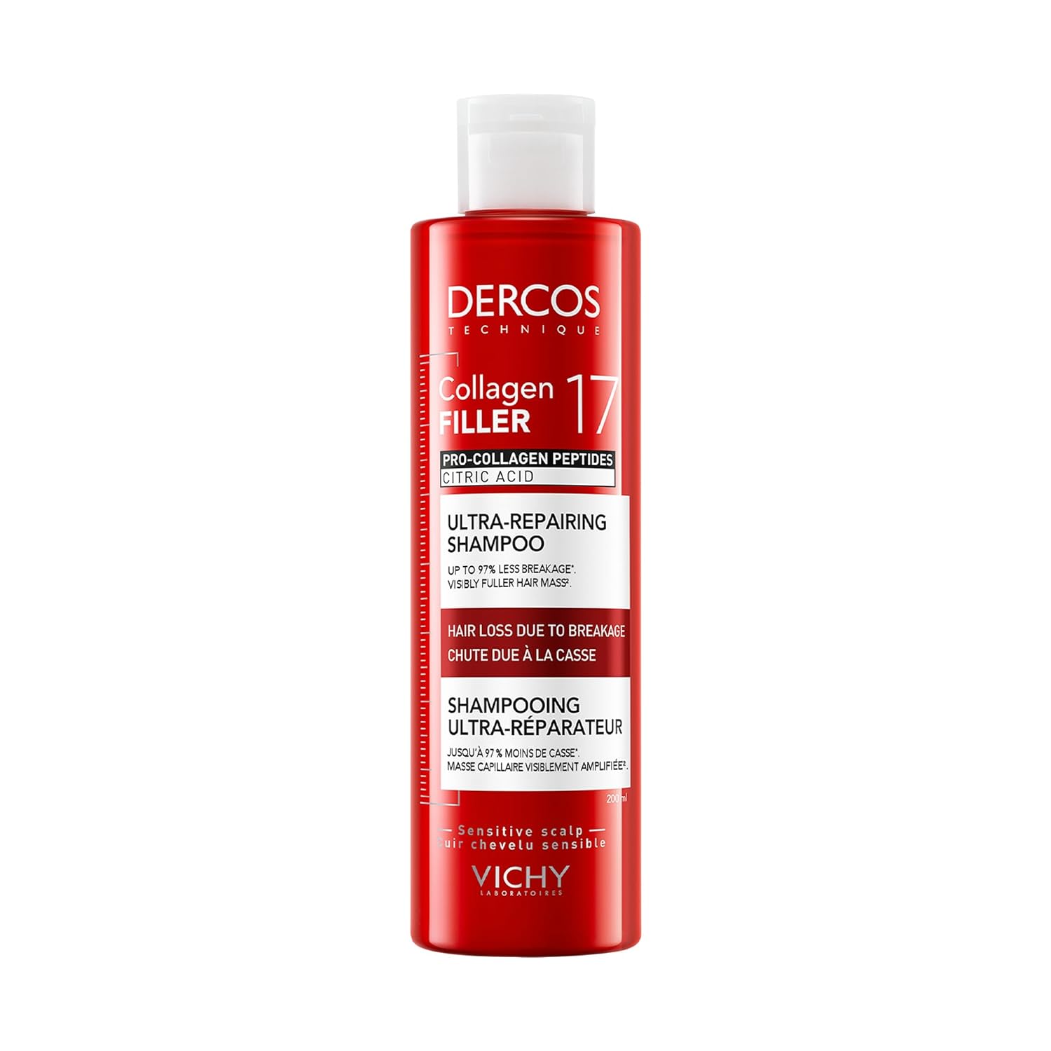 Vichy Dercos Collagen Repair 17 Shampoo, Ultra-Repairing Shampoo for Damaged Hair, Helps Reduce Hair Breakage, with Pro-Collagen and Citric Acid, for Men & Women, Recommended by Dermatologists