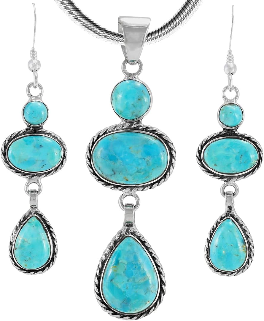 Matching Turquoise Pendant & Earrings Set 925 Sterling Silver (Pendant, Earrings, Stainless Necklace 20")