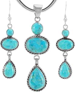 Matching Turquoise Pendant & Earrings Set 925 Sterling Silver