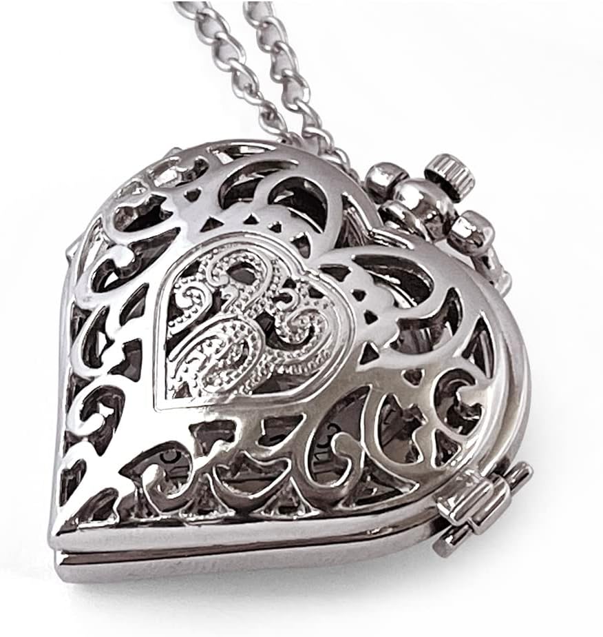 Women's Pocket Watch, Analog Display, Quartz Movement, Silver Stainless Steel, Heart Pendant Necklace, Unisex Accessory, Valentines Day Gifts