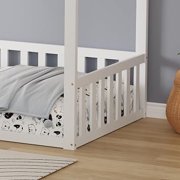WestWood Wooden House Shaped Toddler Bed Frame, Montessori Kids Floor Bed with Half-Length Guard Rail, Children Single Bed Frame White