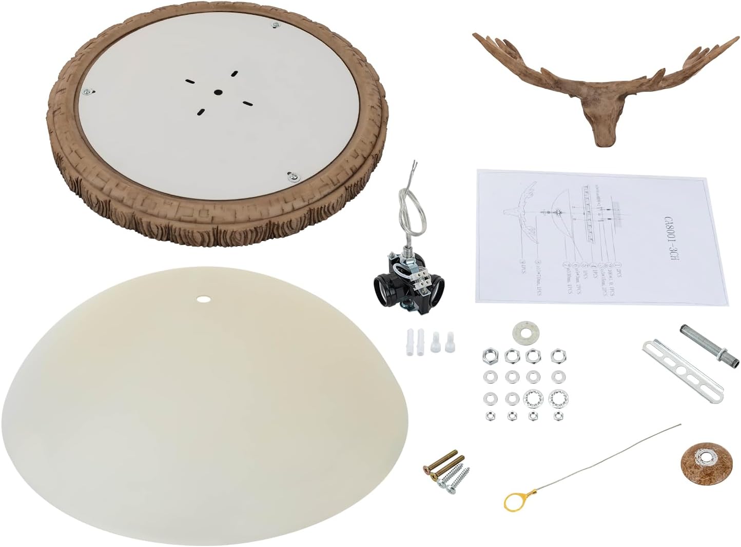AngelcityCC Antler Glass Semi Flush Mount Fixture Ceiling Lighting, 3-Light Bronze Rustic Antler Bowl Style Ceiling Light for Kitchen Bar Cafe Living Room