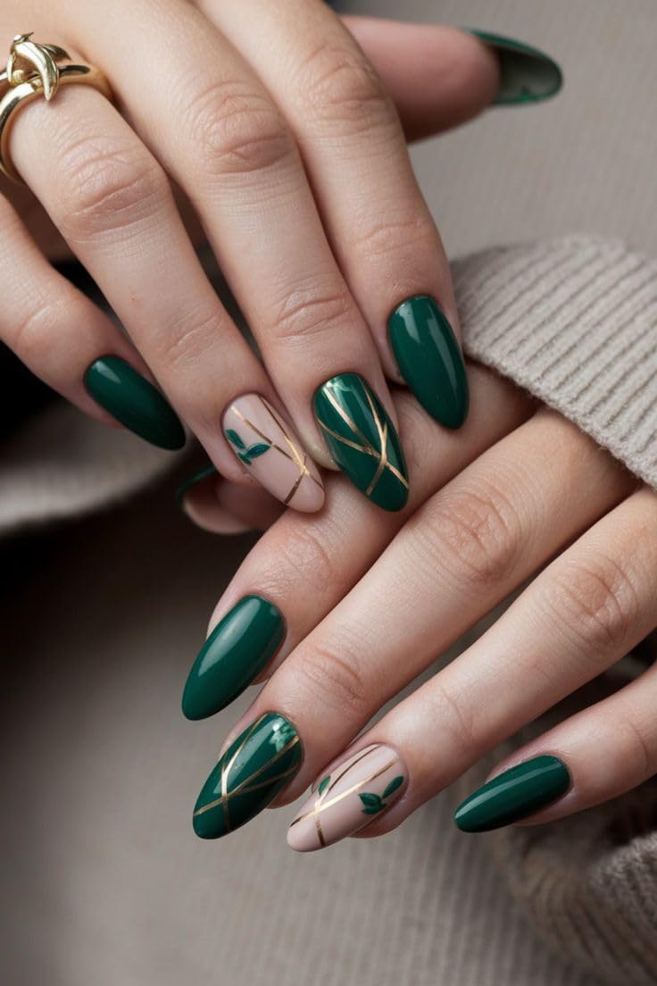FWS Premium Designer Artificial Nails Art Set, Reusable Stick On Nails Glossy Dark Green French With Floral Shape Stiletto (Set Of 20) With Nail Glue, Nail file, cuticle pusher, cleaning wipe (Dark Green Leaves)-image-41