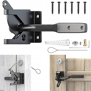 Self-Locking Gate Latch Carbon Steel Post Mounted Fence Gate Latch Heavy Duty Automatic Gravity Lever Locking Fence Latch with Spring Cable Pull for Wooden Vinyl Gate Fence Secure Pool Yard Garden Gen
