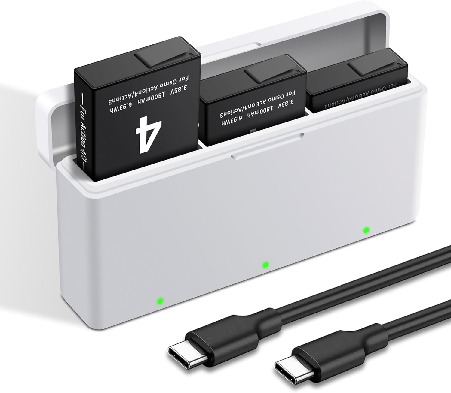 3-Pack Battery for Osmo Action 4/3 Charger Kit and 3-Channel Fast Charger Hub, Compatible for DJI Osmo Action 4, Action 3 Camera, 1850mah Battery Replacement with Micro-USB Cable and Type-C Cable