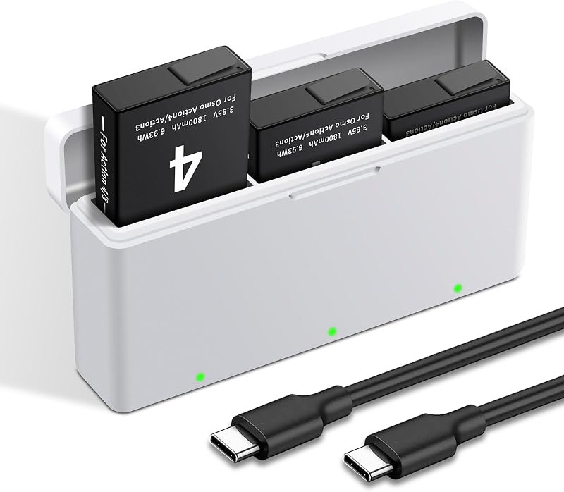 3-Pack Battery for Osmo Action 4/3 Charger Kit, 3-Channel Fast Charger Hub | Compatible for DJI Osmo Action 4, Action 3 Camera, 1850mah Battery Replacement with Micro-USB Cable and Type-C Cable