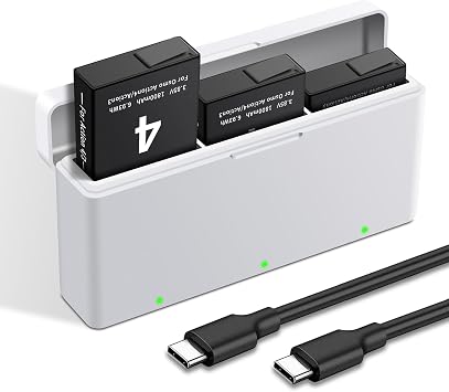 3-Pack Battery for Osmo Action 4/3 Charger Kit and 3-Channel Fast Charger Hub, Compatible for DJI Osmo Action 4, Action 3 Camera, 1850mah Battery Replacement with Micro-USB Cable and Type-C Cable