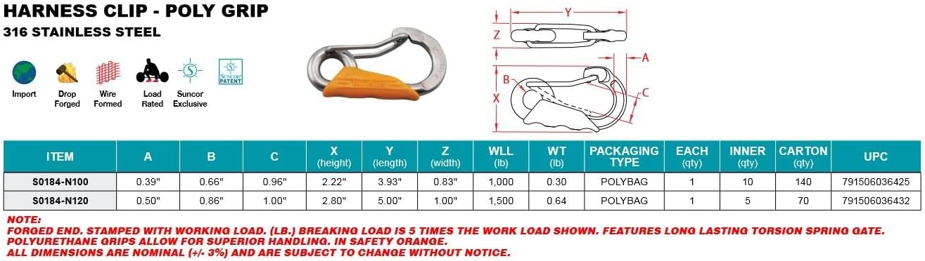 316 Stainless Steel Harness Clip Poly Grip Carabiner 4-3/4" (S0184-N120)