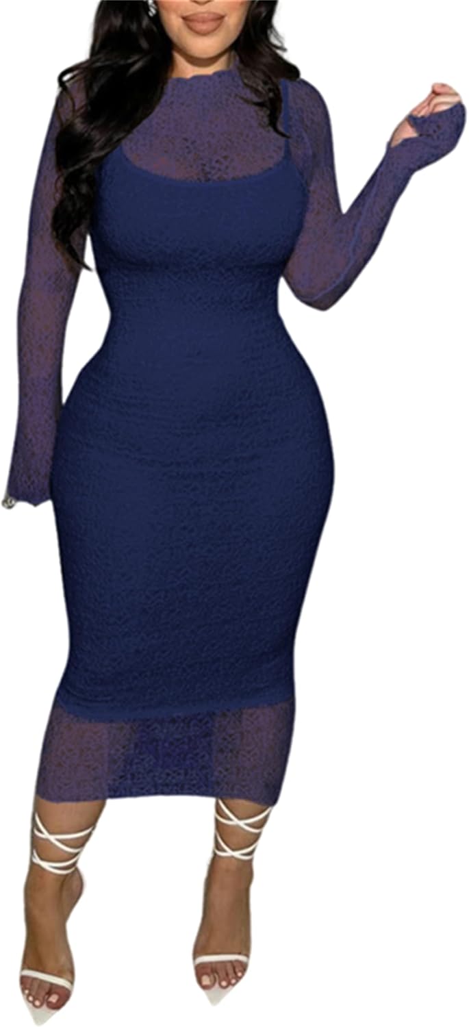 Women's Elegant Bodycon Midi Dress Lace Party Cocktail Wedding Guest Dress