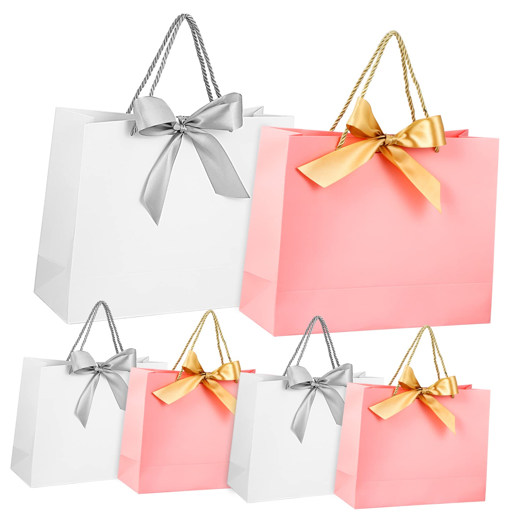 KOCKSHION 10piezas Bolsas De De Papel Con Asas y Lazos De white Con Lazos Plateados Para Bodas Cumpleaños y Celebraciones