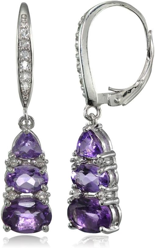 Sterling Silver Genuine or Created Gemstone and White Topaz 3-Stone Dangle Leverback Earrings